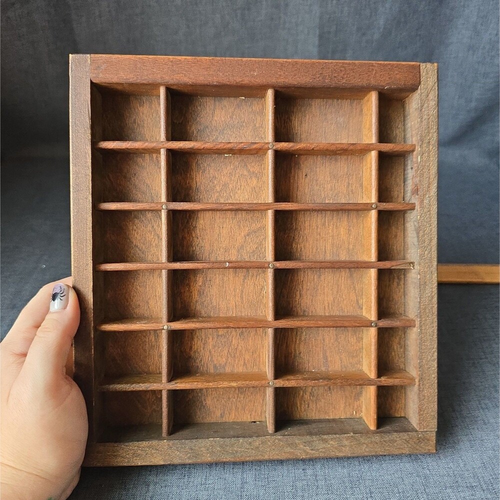 Vtg Wooden Printers Drawer Tray Shadowbox 24 Trinket Shelf Cottagecore 10x9"